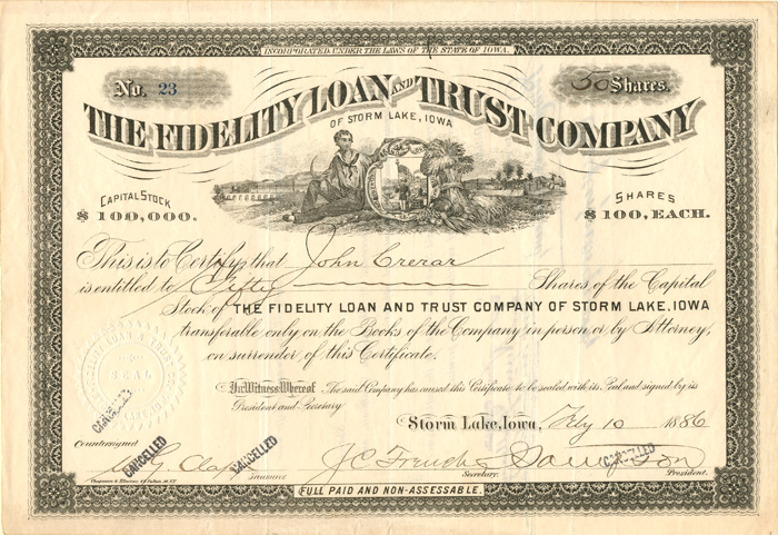 Fidelity Loan and Trust Co. of Storm Lake, Iowa - Banking Stock Certificate